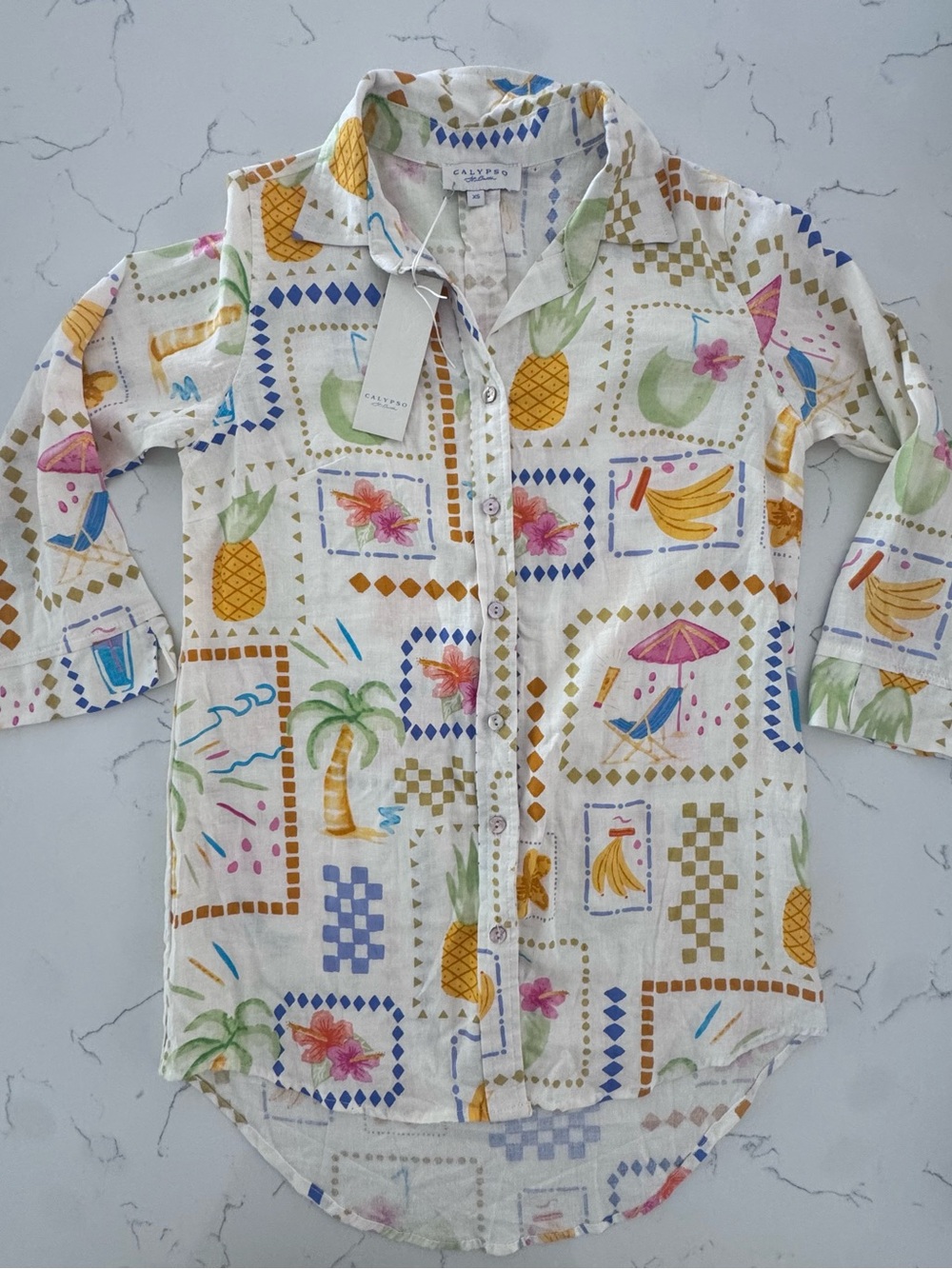 Calypso St Barth Tropical Linen Blend Shirt XS NWT High Low Resort Cover Up - Picture 3 of 9